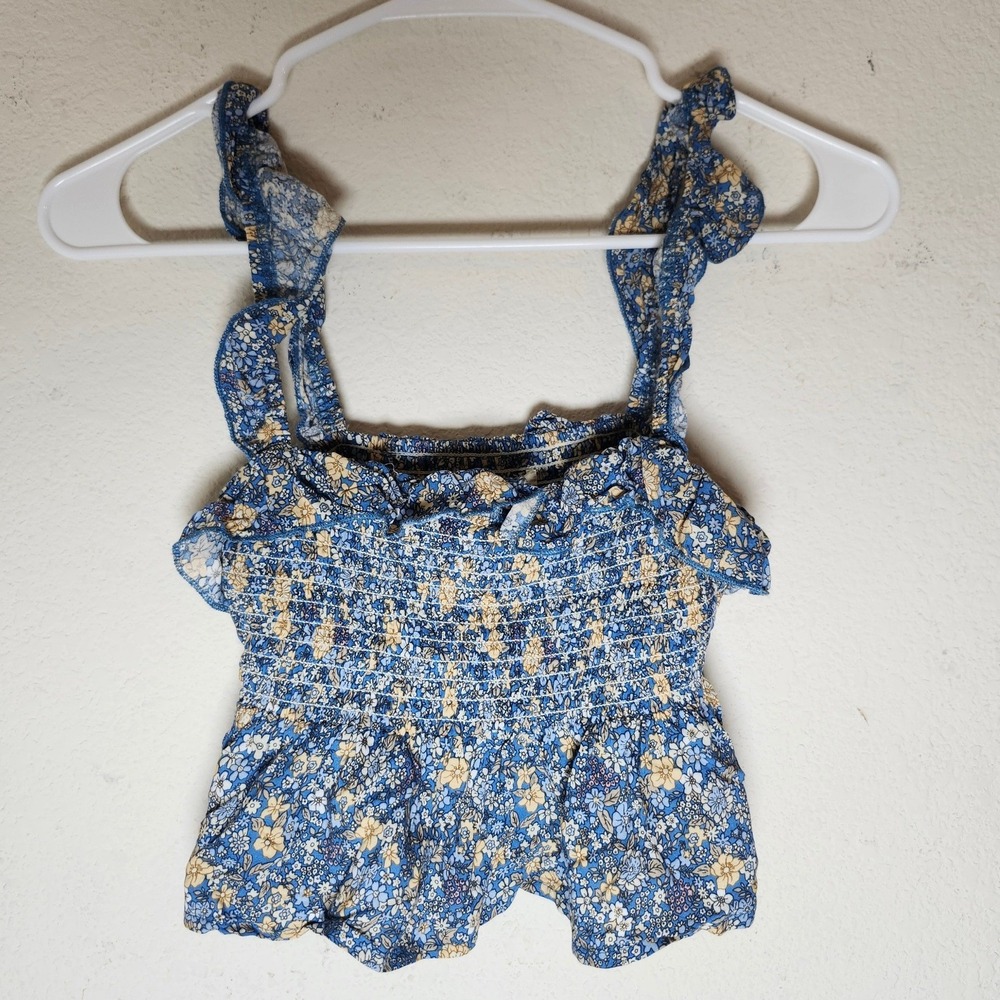 Natural Life Smocked Crop Top Womens Small Blue Floral Ruffle Strap Boho NEW